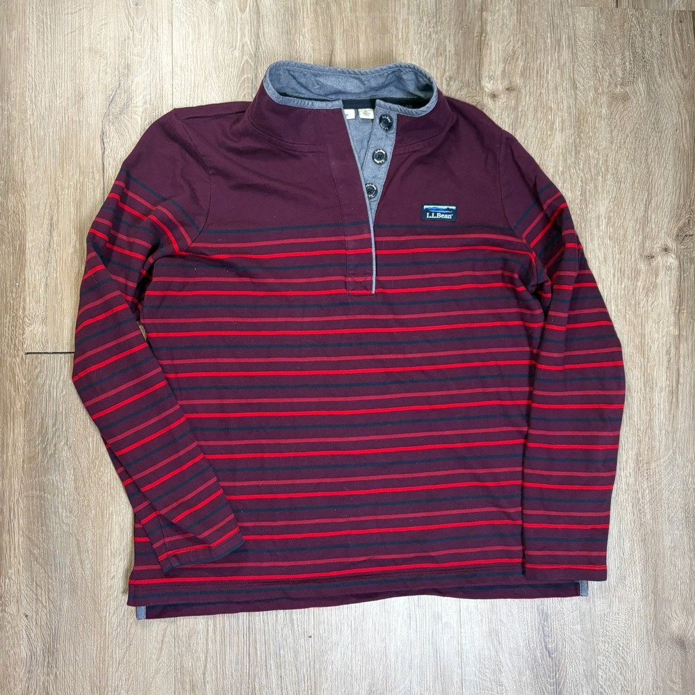 LL Bean Womens Rugby Shirt Long Sleeve Red Large Regular Striped 100% Cotton